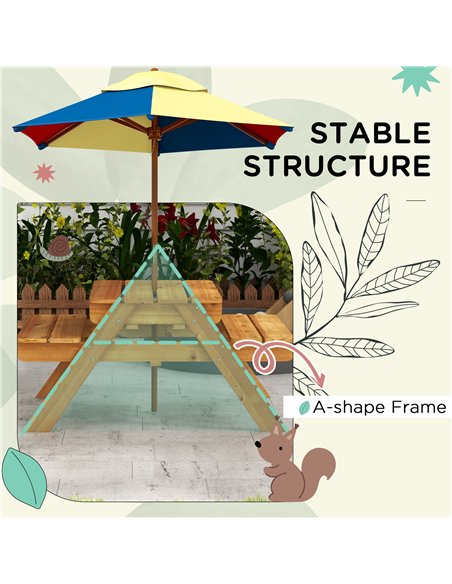 Outsunny Kids Picnic Table Set, 3 in 1 Sand Pit Activity Table, Kids Garden Furniture w/ Removable Parasol, for 3-6 Years - pic 156306 | FastDaddyshop