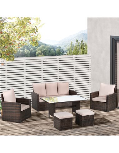 Outsunny 6 Pieces Outdoor PE Rattan Furniture Set with Three-seat Armchairs, Footstools, Dining Table, Brown