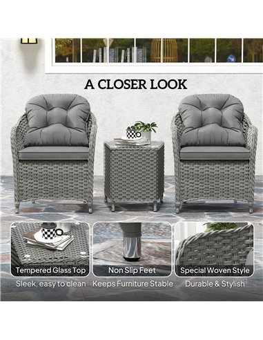 Outsunny Three-Piece Super Padded Rattan Set - Light Grey