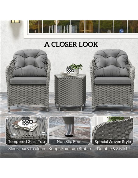 Outsunny Three-Piece Super Padded Rattan Set - Light Grey - pic 156323 | FastDaddyshop
