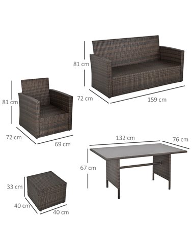 Outsunny 6 PCS Outdoor Patio PE Rattan Wicker Tempered Glass Dining Table Sets for Garden Backyard w/ Cushions & Mixed Brown