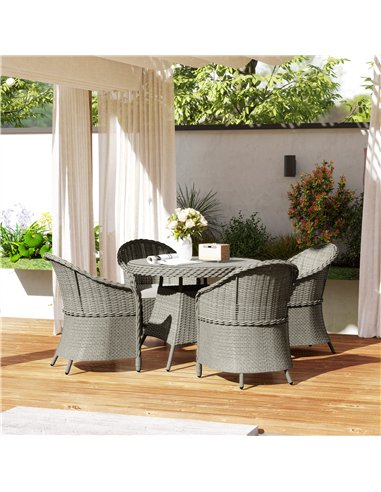 Outsunny 4 Seater Rattan Garden Furniture Set with Cushions, Round PE Rattan Dining Set with Glass-Top Table, Umbrella Hole, Out