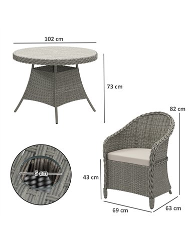 Outsunny 4 Seater Rattan Garden Furniture Set with Cushions, Round PE Rattan Dining Set with Glass-Top Table, Umbrella Hole, Out