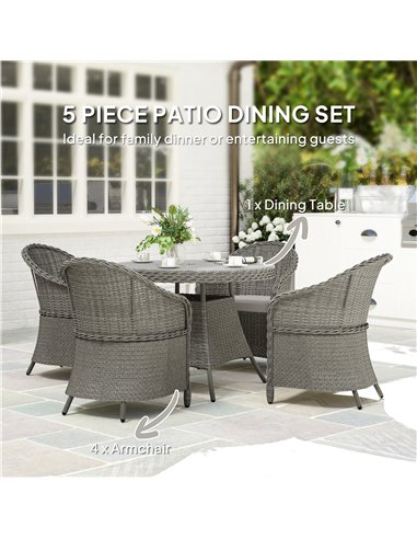 Outsunny 4 Seater Rattan Garden Furniture Set with Cushions, Round PE Rattan Dining Set with Glass-Top Table, Umbrella Hole, Out