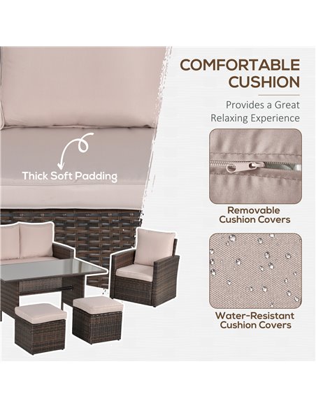 Outsunny 6 PCS Outdoor Patio PE Rattan Wicker Tempered Glass Dining Table Sets for Garden Backyard w/ Cushions & Mixed Brown - pic 15635 | FastDaddyshop