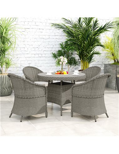 Outsunny 4 Seater Rattan Garden Furniture Set with Cushions, Round PE Rattan Dining Set with Glass-Top Table, Umbrella Hole, Out