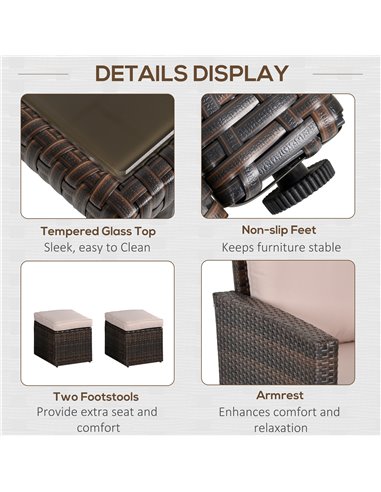 Outsunny 6 PCS Outdoor Patio PE Rattan Wicker Tempered Glass Dining Table Sets for Garden Backyard w/ Cushions & Mixed Brown