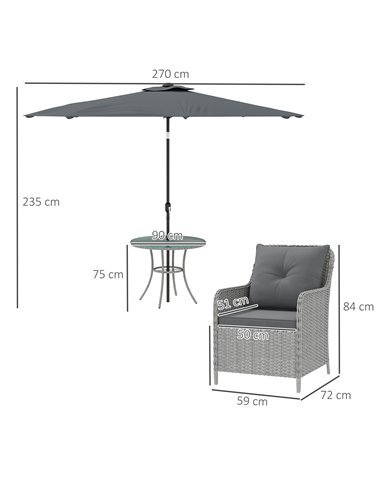 Outsunny 4 Seater Rattan Dining Set with Parasol & Cushions - Light Grey