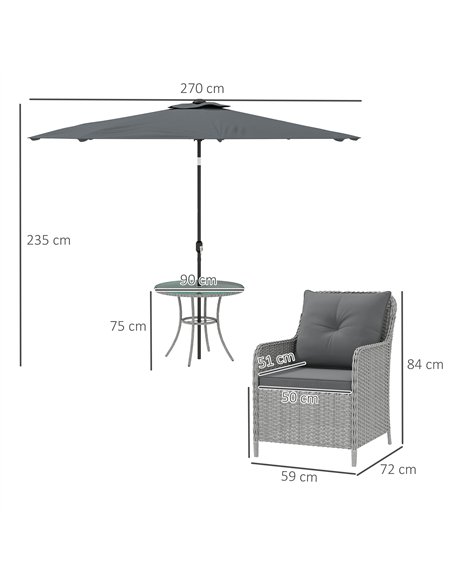 Outsunny 4 Seater Rattan Dining Set with Parasol & Cushions - Light Grey - pic 156365 | FastDaddyshop