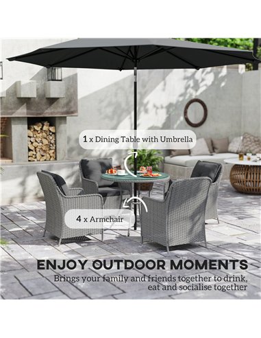Outsunny 4 Seater Rattan Dining Set with Parasol & Cushions - Light Grey
