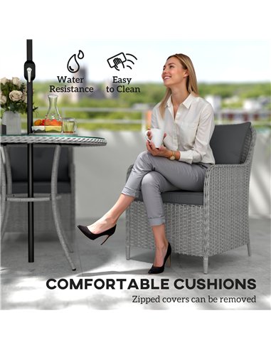 Outsunny 4 Seater Rattan Dining Set with Parasol & Cushions - Light Grey