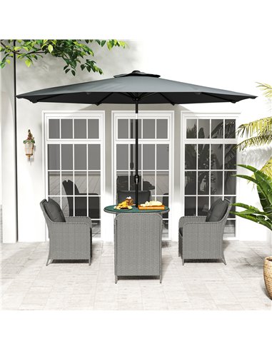 Outsunny 4 Seater Rattan Dining Set with Parasol & Cushions - Light Grey