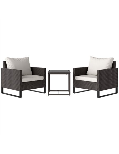 Outsunny 3 Pieces Rattan Bistro Set with 4 Cushions, Wicker Garden Furniture Set, Glass Top Coffee Table and Chairs for Outdoor  - pic 156372 | FastDaddyshop