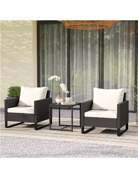 Outsunny 3 Pieces Rattan Bistro Set with 4 Cushions, Wicker Garden Furniture Set, Glass Top Coffee Table and Chairs for Outdoor  - pic 156373 | FastDaddyshop
