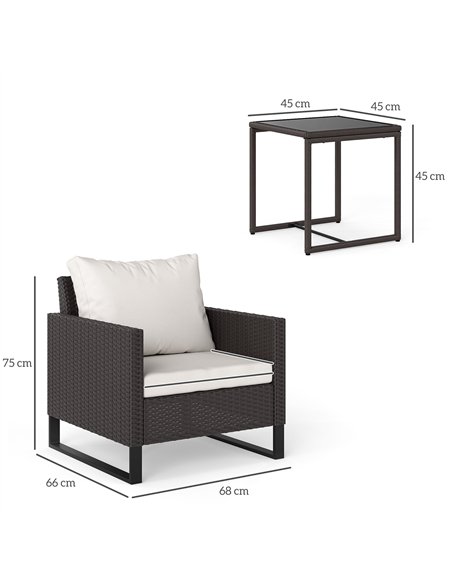 Outsunny 3 Pieces Rattan Bistro Set with 4 Cushions, Wicker Garden Furniture Set, Glass Top Coffee Table and Chairs for Outdoor  - pic 156374 | FastDaddyshop