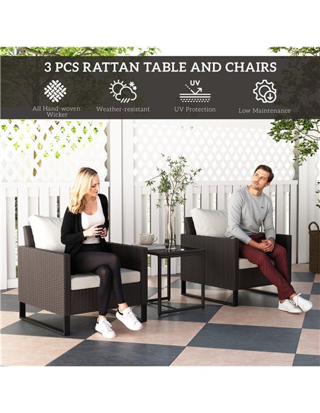 Outsunny 3 Pieces Rattan Bistro Set with 4 Cushions, Wicker Garden Furniture Set, Glass Top Coffee Table and Chairs for Outdoor  - pic 156375 | FastDaddyshop