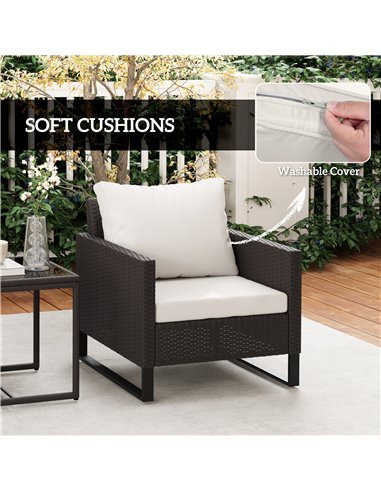 Outsunny 3 Pieces Rattan Bistro Set with 4 Cushions, Wicker Garden Furniture Set, Glass Top Coffee Table and Chairs for Outdoor 