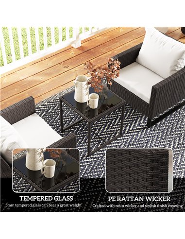 Outsunny 3 Pieces Rattan Bistro Set with 4 Cushions, Wicker Garden Furniture Set, Glass Top Coffee Table and Chairs for Outdoor 