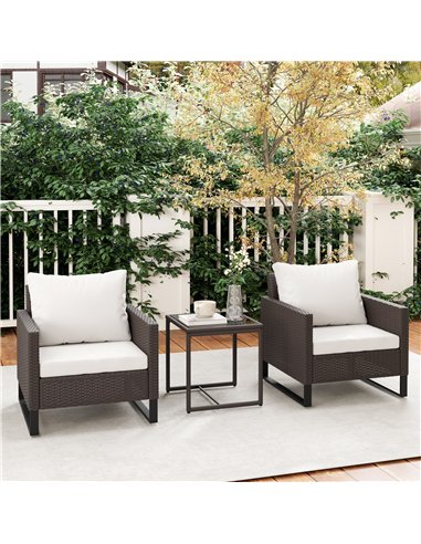 Outsunny 3 Pieces Rattan Bistro Set with 4 Cushions, Wicker Garden Furniture Set, Glass Top Coffee Table and Chairs for Outdoor 