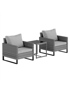 Outsunny 3 Pieces Rattan Bistro Set with 4 Cushions, Wicker Garden Furniture Set, Glass Top Coffee Table and Chairs for Outdoor 
