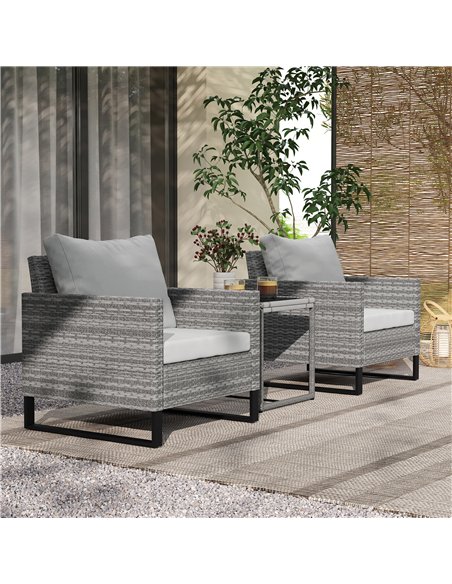 Outsunny 3 Pieces Rattan Bistro Set with 4 Cushions, Wicker Garden Furniture Set, Glass Top Coffee Table and Chairs for Outdoor  - pic 156382 | FastDaddyshop