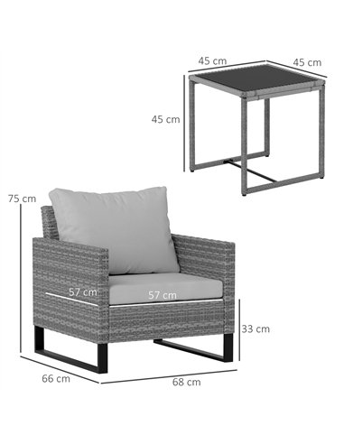 Outsunny 3 Pieces Rattan Bistro Set with 4 Cushions, Wicker Garden Furniture Set, Glass Top Coffee Table and Chairs for Outdoor 