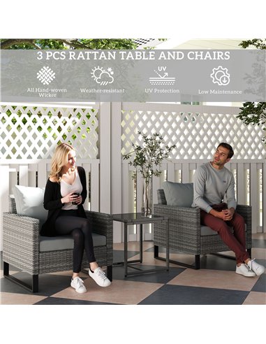 Outsunny 3 Pieces Rattan Bistro Set with 4 Cushions, Wicker Garden Furniture Set, Glass Top Coffee Table and Chairs for Outdoor 