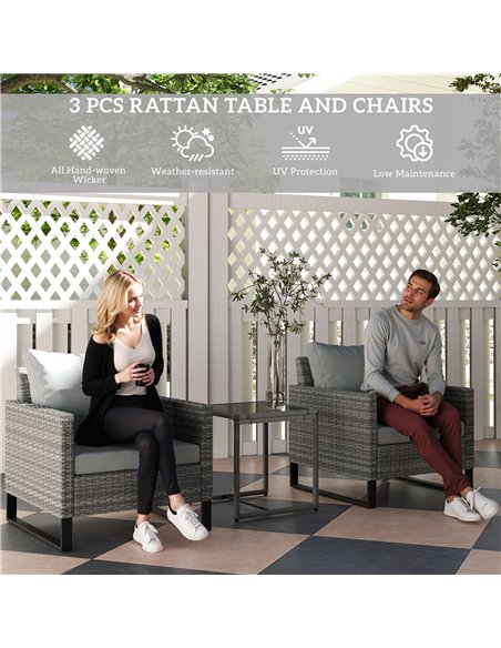Outsunny 3 Pieces Rattan Bistro Set with 4 Cushions, Wicker Garden Furniture Set, Glass Top Coffee Table and Chairs for Outdoor  - pic 156384 | FastDaddyshop