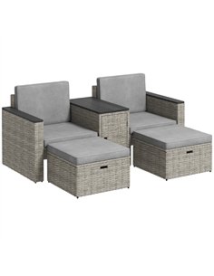 Outsunny 5 Piece Rattan Garden Furniture Set, Nesting Outdoor Furniture Conversation Set with 2 Footstools, WPC Storage Coffee T
