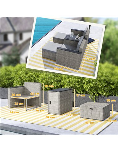 Outsunny 5 Piece Rattan Garden Furniture Set, Nesting Outdoor Furniture Conversation Set with 2 Footstools, WPC Storage Coffee T
