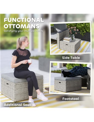 Outsunny 5 Piece Rattan Garden Furniture Set, Nesting Outdoor Furniture Conversation Set with 2 Footstools, WPC Storage Coffee T