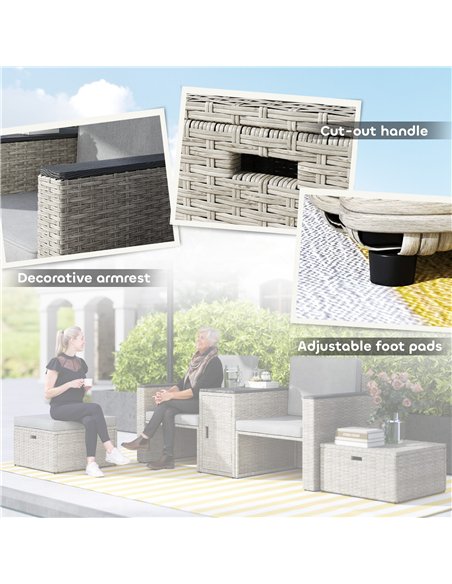 Outsunny 5 Piece Rattan Garden Furniture Set, Nesting Outdoor Furniture Conversation Set with 2 Footstools, WPC Storage Coffee T - pic 156398 | FastDaddyshop