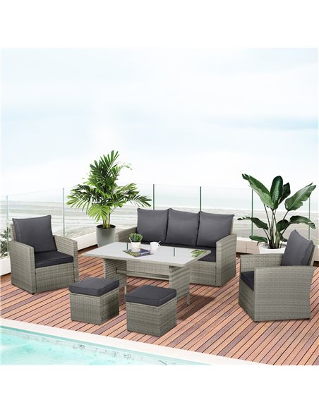 Outsunny 6 Pieces Outdoor PE Rattan Furniture Set with Three-seat Armchairs, Footstools, Dining Table, Grey - pic 15640 | FastDaddyshop