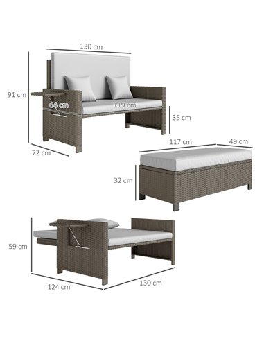 Outsunny Rattan Day Bed, with Footstool - Light Grey
