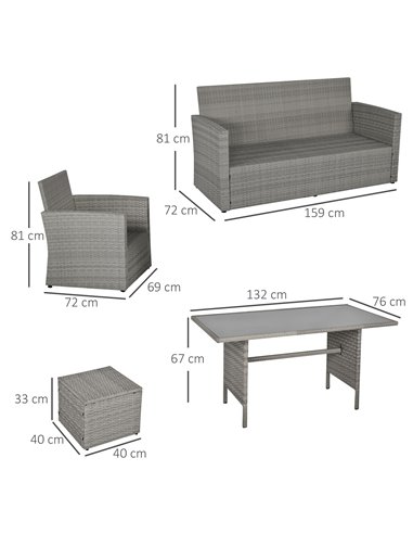 Outsunny 6 Pieces Outdoor PE Rattan Furniture Set with Three-seat Armchairs, Footstools, Dining Table, Grey