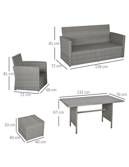 Outsunny 6 Pieces Outdoor PE Rattan Furniture Set with Three-seat Armchairs, Footstools, Dining Table, Grey - pic 15641 | FastDaddyshop