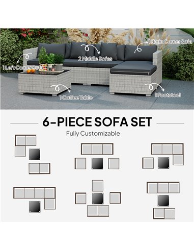 Outsunny 6 Pieces Rattan Corner Sofa Set - Mixed Grey