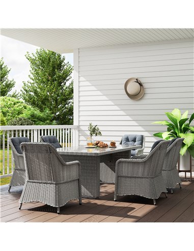 Outsunny 6 Seater Rattan Dining Set, Round PE Rattan Garden Furniture Set with Seat and Back Cushions, Aluminium Outdoor Dining 