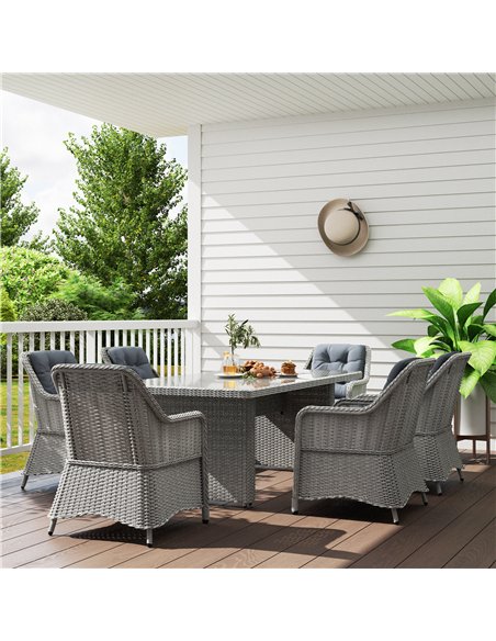 Outsunny 6 Seater Rattan Dining Set, Round PE Rattan Garden Furniture Set with Seat and Back Cushions, Aluminium Outdoor Dining  - pic 156422 | FastDaddyshop