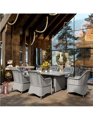 Outsunny 6 Seater Rattan Dining Set, Round PE Rattan Garden Furniture Set with Seat and Back Cushions, Aluminium Outdoor Dining 