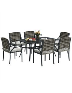Outsunny Rattan Garden Furniture Set with Cushions, 6 Seater Rattan Dining Set with 6 Armchairs, 150 x 96cm Rectangular Table, U