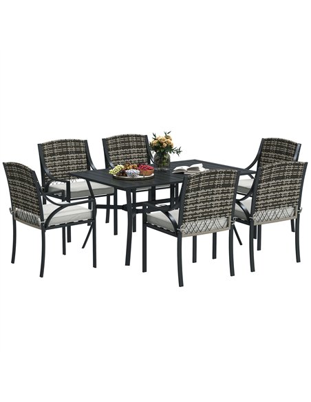 Outsunny Rattan Garden Furniture Set with Cushions, 6 Seater Rattan Dining Set with 6 Armchairs, 150 x 96cm Rectangular Table, U - pic 156426 | FastDaddyshop