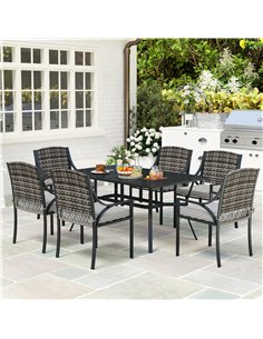 Outsunny Rattan Garden Furniture Set with Cushions, 6 Seater Rattan Dining Set with 6 Armchairs, 150 x 96cm Rectangular Table, U 2