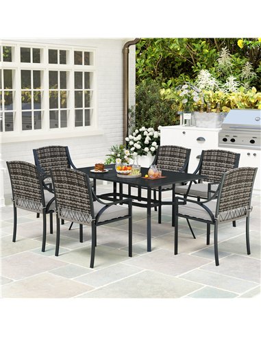 Outsunny Rattan Garden Furniture Set with Cushions, 6 Seater Rattan Dining Set with 6 Armchairs, 150 x 96cm Rectangular Table, U