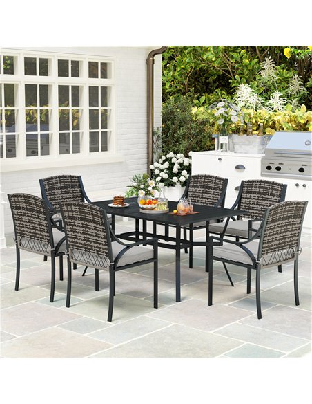 Outsunny Rattan Garden Furniture Set with Cushions, 6 Seater Rattan Dining Set with 6 Armchairs, 150 x 96cm Rectangular Table, U - pic 156427 | FastDaddyshop