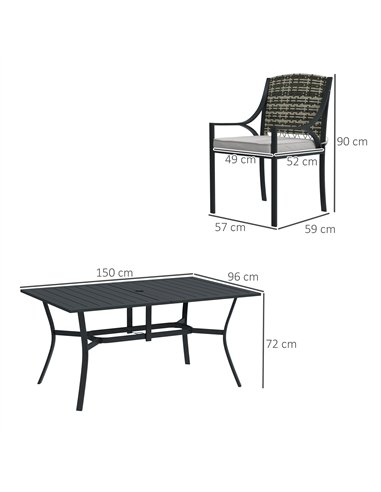 Outsunny Rattan Garden Furniture Set with Cushions, 6 Seater Rattan Dining Set with 6 Armchairs, 150 x 96cm Rectangular Table, U