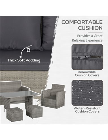 Outsunny 6 PCS Outdoor Patio PE Rattan Wicker Tempered Glass Dining Table Sets for Garden Backyard w/ Cushions & Mixed Grey