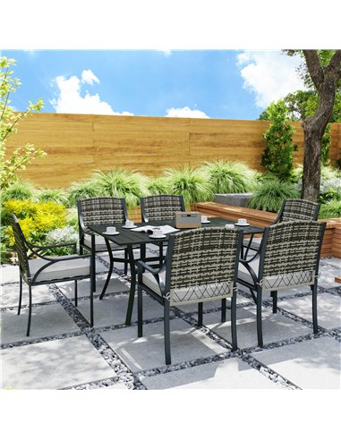 Outsunny Rattan Garden Furniture Set with Cushions, 6 Seater Rattan Dining Set with 6 Armchairs, 150 x 96cm Rectangular Table, U