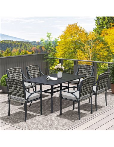 Outsunny Rattan Garden Furniture Set with Cushions, 6 Seater Rattan Dining Set with 6 Armchairs, 150 x 96cm Rectangular Table, U
