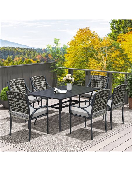 Outsunny Rattan Garden Furniture Set with Cushions, 6 Seater Rattan Dining Set with 6 Armchairs, 150 x 96cm Rectangular Table, U - pic 156434 | FastDaddyshop